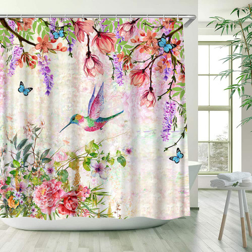 WUASDCS Floral Hummingbird Shower Curtain Colorful Flower Bird Green Leaves Spring Garden Watercolor Fabric Bathroom Decor Curtains with Hook