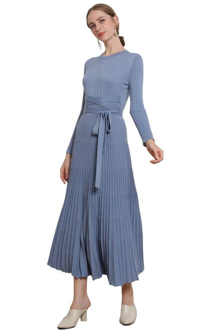 RanRui Pleated Knitted Fit and Flare Sweater Dresses Womens Round Neck Long Sleeve Knit Dresses high Waist Long Sweater Dress Soft Warm Belt Fitted Maxi Dresses Winter Dress 1302(A-Haze Blue,12-14)