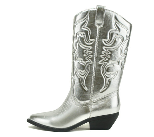 Soda Women Cowgirl Cowboy Western Stitched Boots Pointy Toe Knee High Reno-S (7.5, SILVER METALLIC PU, numeric_7_point_5)