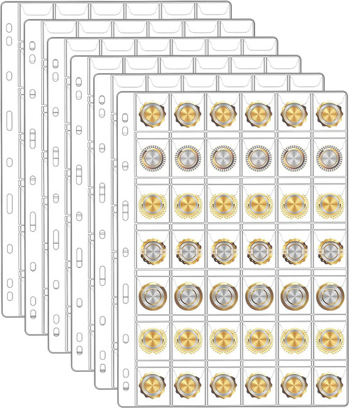 6 Sheets Coin Collection Pages for Collectors, Coin Pages, 9-Holes Coin Sleeves Holder Book, Coin Album Collecting Binder for Silver Dollar Bill Stamp, 42-Pockets per Sheet/252 Pockets in Total