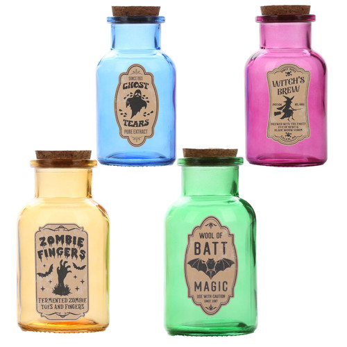 QIuni Halloween Potion Bottles Set,4 Set of Apothecary Bottles with 8 PCS Halloween Label Stickers for Halloween Decor,Halloween Tiered Tray Decor Indoor Room Party Supplies