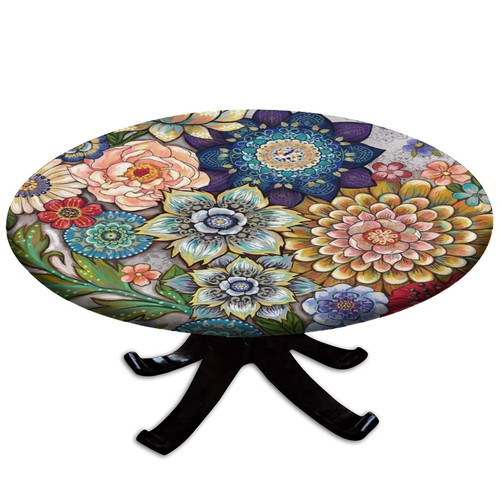 Atury Polyester Fitted Tablecloth Round , Boho Colorful Flowers Elastic Edge Decor Tablecloths, 52'' Tablecloth - Fit for 44'' Table, Washable Waterproof Table Cover