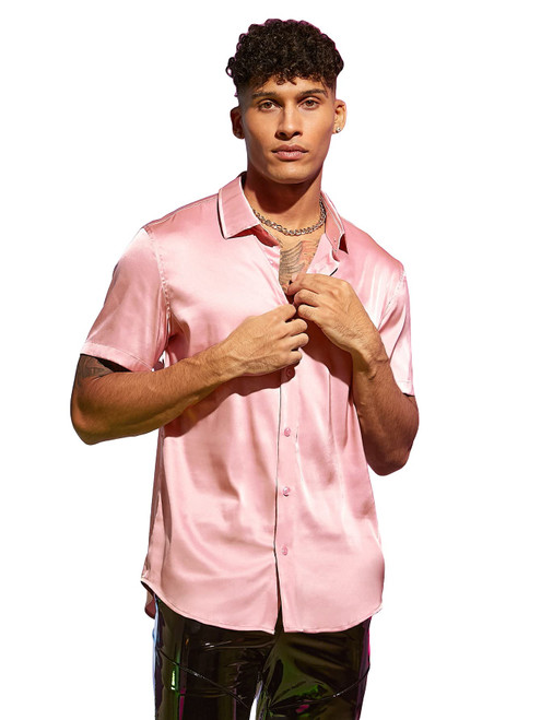 WDIRARA Men's Stand Collar Button Down Shirt Short Sleeve Button Front Top Satin Blouse Pink L