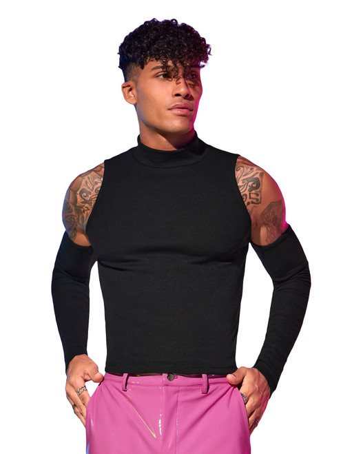 Cozyease Men's Rib Knit Cold Shoulder Tee Top Solid Casual Long Sleeve Tee Shirt Black L CELY0620