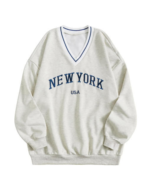 Cozyease Women's Letter Graphic Striped Trim V Neck Long Sleeve Sweatshirt Casual Drop Shoulder Thermal Lined Pullover Light Grey L