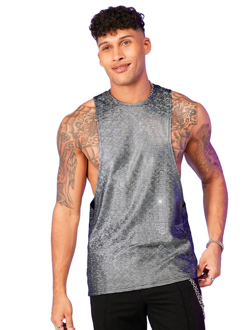 WDIRARA Men's Glitter Sequin Round Neck Sleeveless Tank Tops Cut Open Side Club Party T Shirt Silver XL
