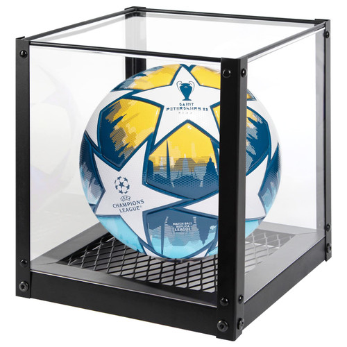 J JACKCUBE DESIGN Acrylic Soccer Ball Display Case, Clear Display Holder Stand Box with Metal Mesh Base for Football, Basketball, Volleyball Memorabilia Collectibles- MK809A