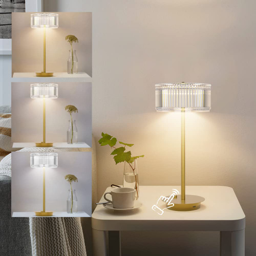 Ralbay Dimmable Crystal Table Lamp,Gold Rechargeable Battery Operated Lamp 3 Colors Cordless Bedside Lamps Nightstand Lamp for Bedroom Living Room Bar