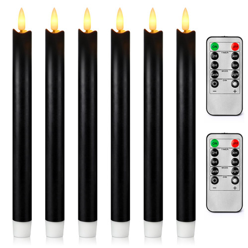 Enpornk 6 Pack Flameless Flickering Taper Candles with 2 Remote Controls and Timer, Real Wax 3D Wick Light Window Candles Battery Operated, Halloween Home Wedding Decor(Black, 9.6Inch)