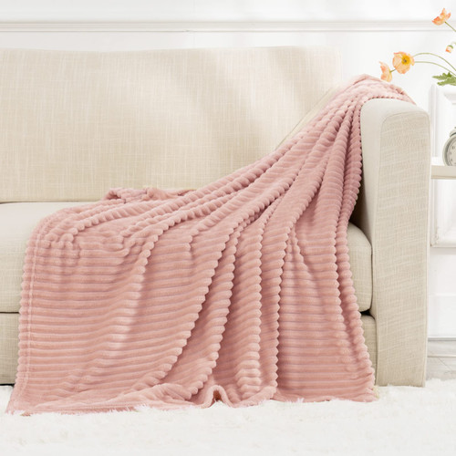 RECYCO Fleece Throw Blanket for Couch, Super Soft Cozy Fuzzy Decorative Blankets and Throws with Striped Pattern for Sofa, Lightweight Ribbed Plush Pink Throw Blanket for Bed 50"x60"