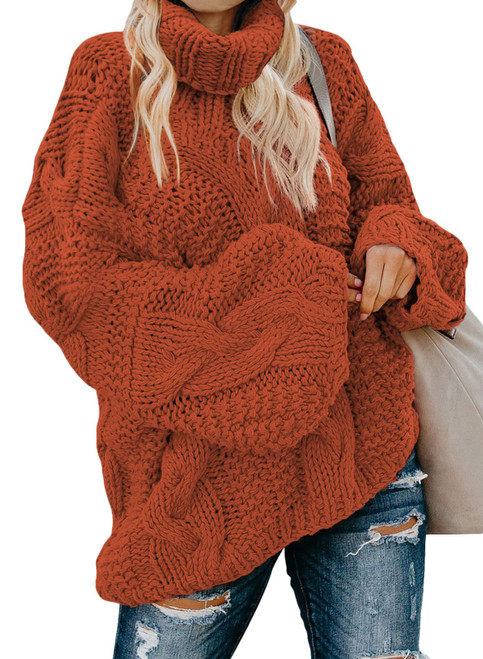 ROSKIKI Womens Oversized Turtleneck Sweater Solid Color Loose Long Sleeves Cable Knit Pullover Jumper Tops Orange Small