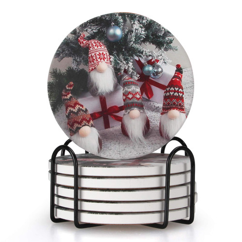 6 Pcs Ceramic Christmas Coasters Absorbent Coasters Drink Coasters with Holder Round Cool Coasters Table Cup Coaster Gift