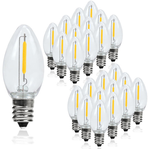 C7 LED Night Light Bulbs 0.6W Equivalent to 7W C7 Candelabra LED Filament Light Bulbs E12 Candelabra Base Lamp Clear Glass Warm White 2700K Outdoor String Lights 25 Pack
