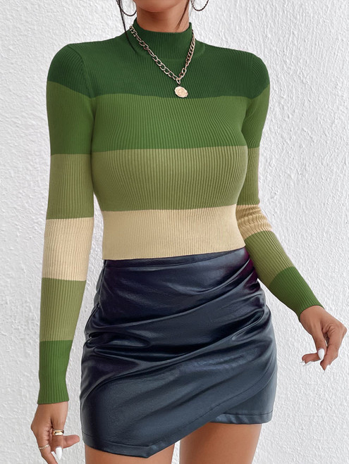 KRANX Women's Sweater Color-Block Mock Neck Sweater Sweater for Women (Color : Green, Size : Medium)