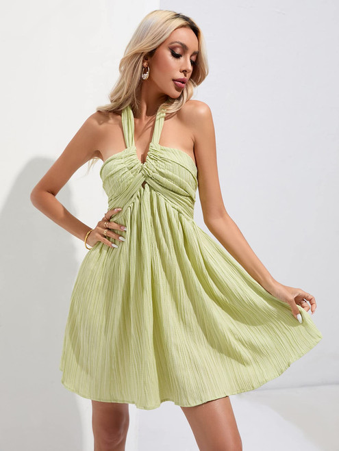 XIALON Women's Dress Solid Tie Backless Halter Dress Dresses (Color : Lime Green, Size : Small)