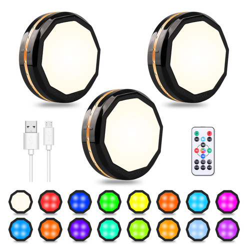 LEASTYLE Puck Lights with Remote,16 Colors Rechargeable Under Cabinet Lights Wireless Magnetic Colors Changing Closet Lights Under Counter Lights for Kitchen (3 Pack)