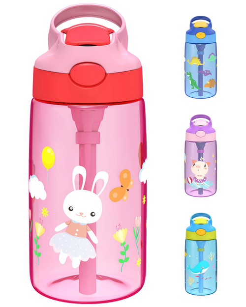 A+ Choice Kids Water Bottle with Straw & Handle - 16 oz BPA Free Kids Water Bottles, Spill Proof, Easy-Clean, Dishwasher Safe - Cute Rabbit Pink