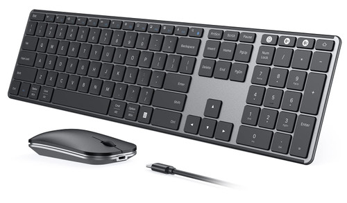 Wireless Bluetooth Keyboard and Mouse Combo (USB + Dual BT), seenda Multi-Device Rechargeable Slim Keyboard and Mouse, Compatible for Win 7/8/10, MacBook Pro/Air, iPad, Tablet - Black Gray