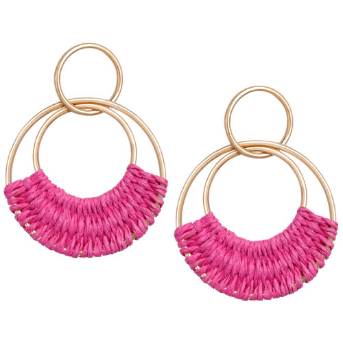 Raffia Hoop Earrings for Women Girls Fun Boho Summer Beach Earrings Handmade Straw Wicker Rattan Dangle Earrings Statement Geometric Round Drop Earrings Bohemian Jewelry, Hot Pink