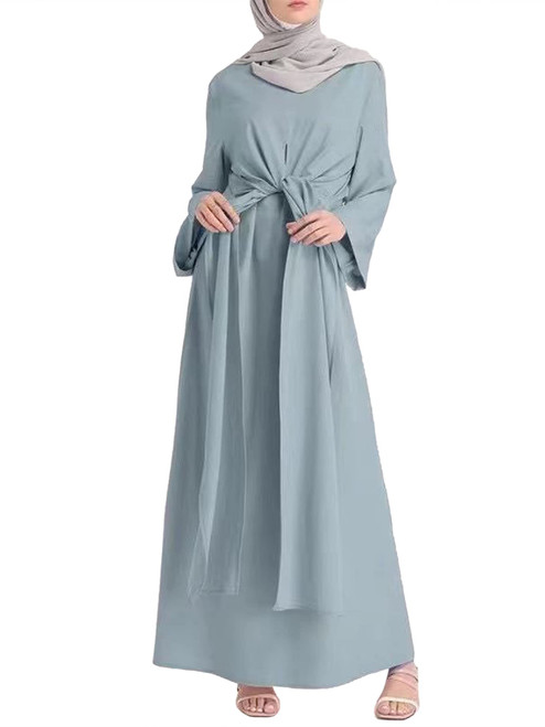 YiZYiF Women's Kaftan Abaya Dress Long Sleeve Muslim Maxi Dress Self Tie Islamic Evening Gown Kaftan Arab Blue Large