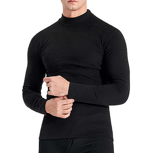 Fldy Men's Thermal Underwear Top Long Sleeve Base Layer Shirts Fleece Lined Turtleneck Undershirt Black Large