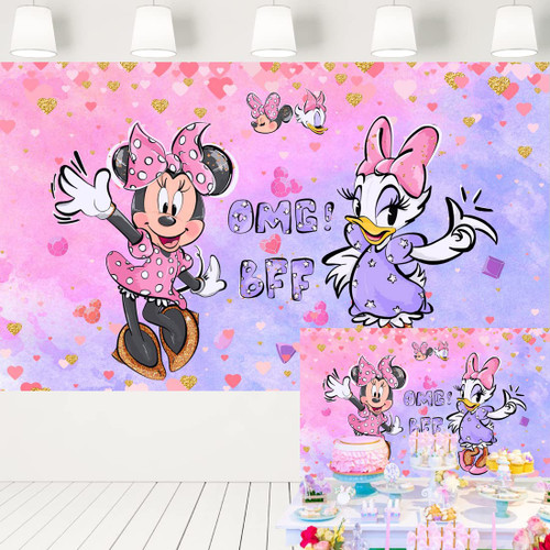 Minnie Mouse and Daisy Duck Backdrop Watercolor Pastel Birthday Party Background Girls Baby Shower Decorations Cake Table Banner (7x5 ft)