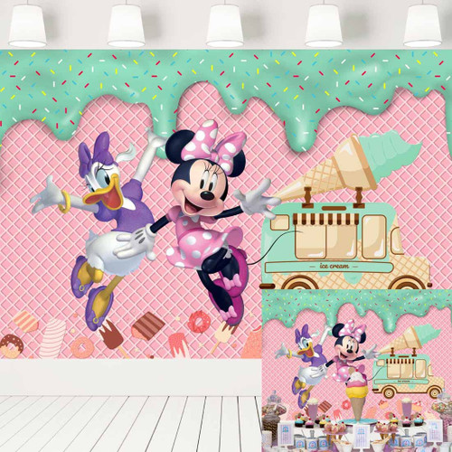 Ice Cream Backdrop Minnie Mouse and Daisy Duck Theme Mint Pink Background for 3rd 4th Birthday Baby Shower Decorations Girls Cake Table Banner 7x5 ft 442