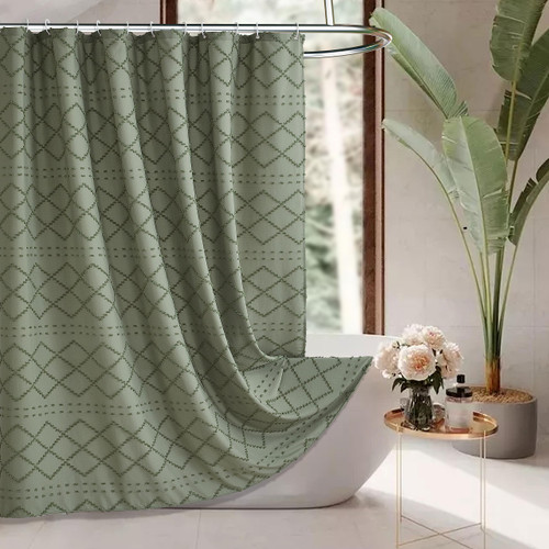 Siiluminisoy Sage Green Boho Shower Curtain Woven Fabric Cute Shower Curtain, 72 x 72 Tufted Chevron Textured Striped Modern Farmhouse Minimalist Cloth Shower Curtain Set with Hooks for Bathroom