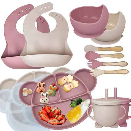 Mrkyy Silicone Baby Feeding Set, 14 Pcs Baby Led Weaning Supplies with Suction Bowl Divided Plate, Toddler Self Feeding Dish Set with Spoons Forks Sippy Cup Adjustable Bib (Beige + Deep Pink