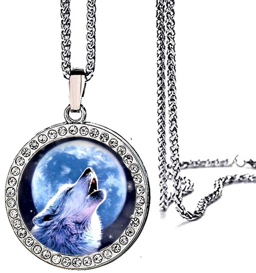 DianaL Boutique Silver Tone Wolf Howling at The Moon Pendant Necklace with 18" Stainless Steel Chain Fashion Jewelry