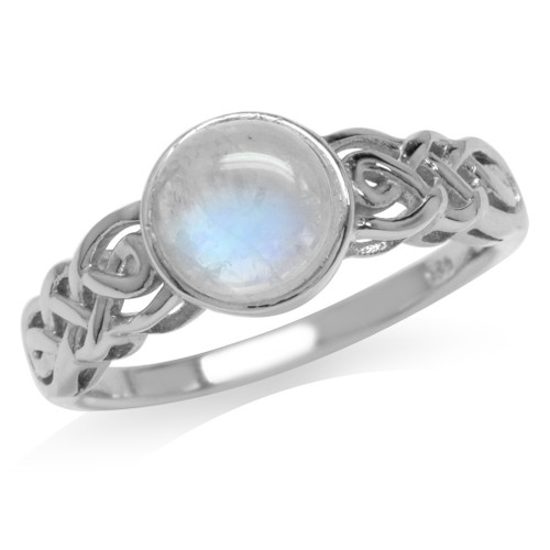 Silvershake 7mm Natural Round Shape Moonstone White Gold Plated 925 Sterling Silver Celtic Knot Solitaire Ring Size 12