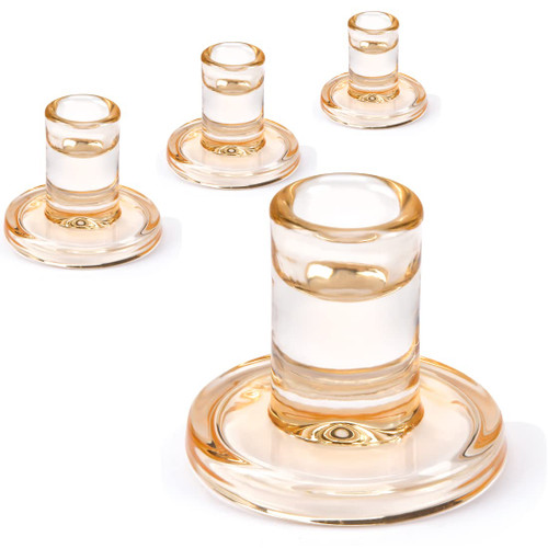 4PCS Amber Taper Candle Holders, Glass Crystal Candlestick Holders Bulk, Clear Candle Holders for Dining Table Centerpiece