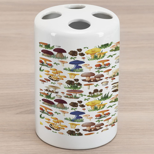 Ambesonne Mushroom Ceramic Toothbrush Holder, Pattern Types of Mushrooms Wild Species Natural Organic Food Garden Theme, Decorative Versatile Countertop for Bathroom, 4.5" X 2.7", White Yellow