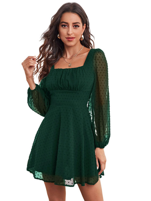 WDIRARA Women's Polka Dots Mesh Square Neck Bishop Long Sleeve Dress Ruched Green XS