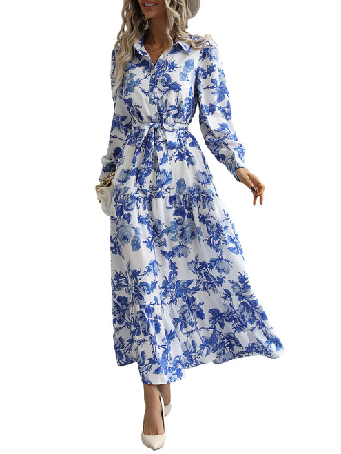 Milumia Women's Boho Floral Print Belted Maxi Dress Button Long Sleeve Ruffle Hem Flowy Dresses Blue and White Medium