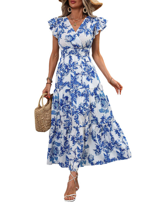 Milumia Women's Summer Floral Print V Neck Flutter Sleeve Ruffle Hem Boho Flowy Maxi Dress Blue and White Large