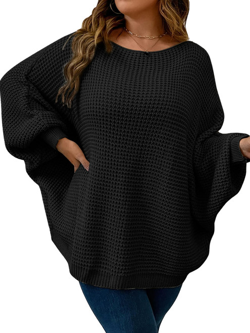 SOLY HUX Women's Plus Size Crewneck Long Sleeve Casual Sweater Pullover Tops Plain Black 3XL