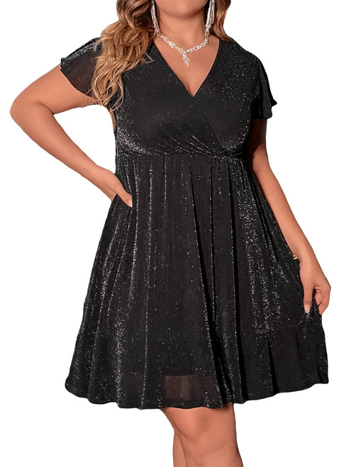 Floerns Women's Plus Size Wrap V Neck Short Sleeve Glitter Party A Line Dress Black 2XL