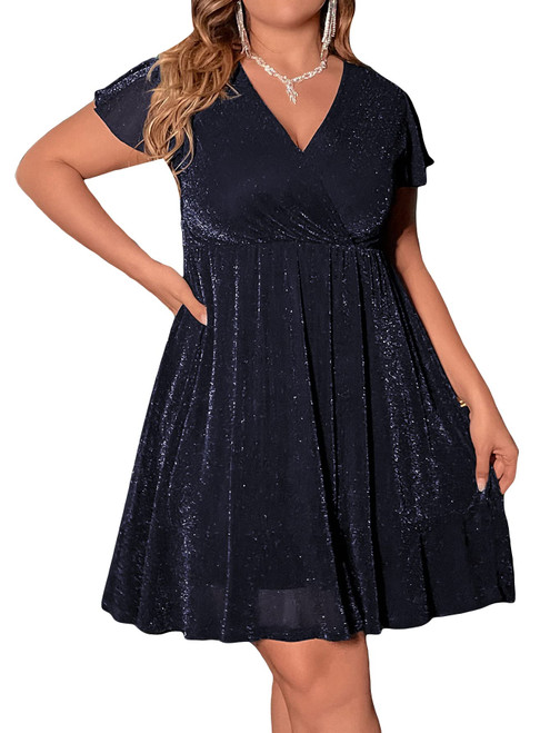 Floerns Women's Plus Size Wrap V Neck Short Sleeve Glitter Party A Line Dress Navy Blue 1XL