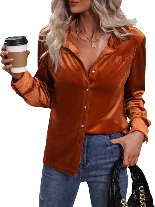 MakeMeChic Women's Velvet Button Down Blouse Long Sleeve Button Up Shirt Rust Brown L
