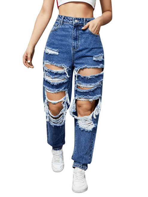 SweatyRocks Women's High Rise Distressed Jeans Ripped Cutout Boyfriend Denim Pants Medium Wash M