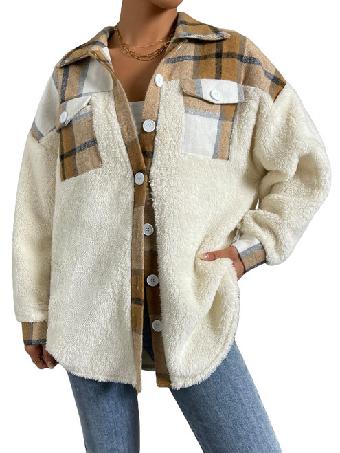 MakeMeChic Women's Fuzzy Fleece Plaid Shacket Jacket Long Sleeve Button Down Shirt Coat Multicolor L
