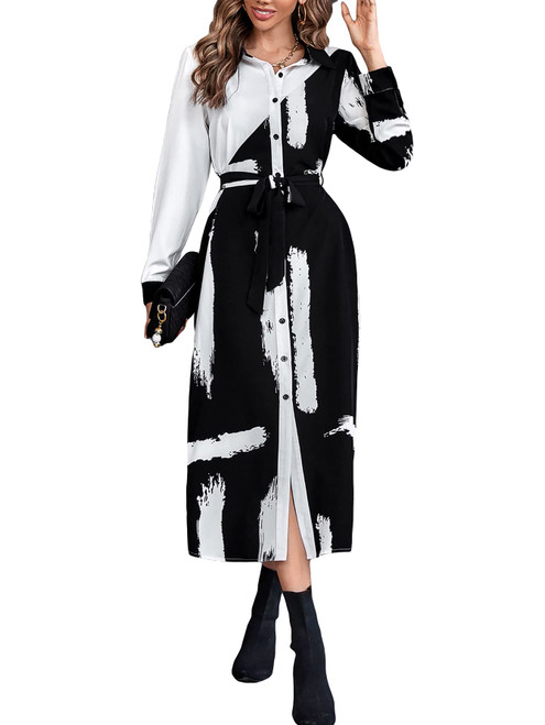 WDIRARA Women's Colorblock Brush Print Button Front Long Sleeve Belted Maxi Shirt Dress Black and White L