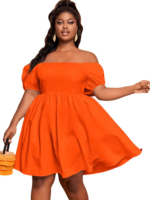 SOLY HUX Women's Plus Size Off Shoulder Puff Short Sleeve High Waist A Line Swing Dress Solid Orange 2XL