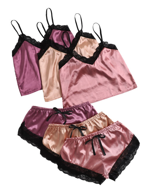 GORGLITTER Women's 6 Piece Silk Satin Pajama Set Contrast Lace Sleeveless Cami Crop Tops Elastic Waist Shorts Lounge Set Sleepwear Multicolor Pink Medium