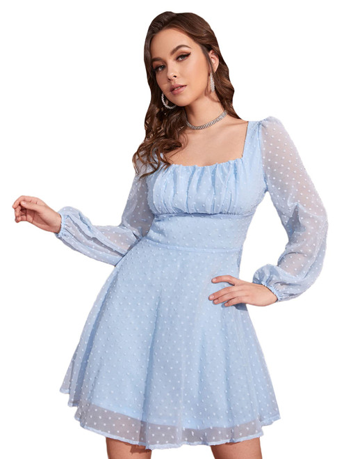 WDIRARA Women's Polka Dots Mesh Square Neck Bishop Long Sleeve Dress Pale Blue XL