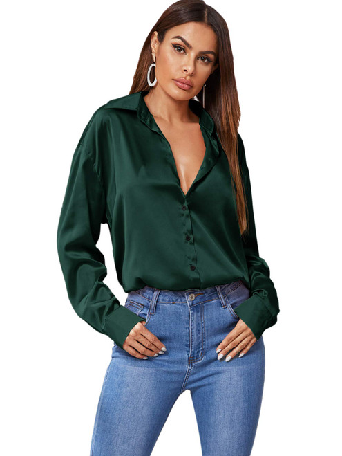 SOLY HUX Women's Satin Silk Long Sleeve Button Down Shirt Formal Work Blouse Top Deep Green S