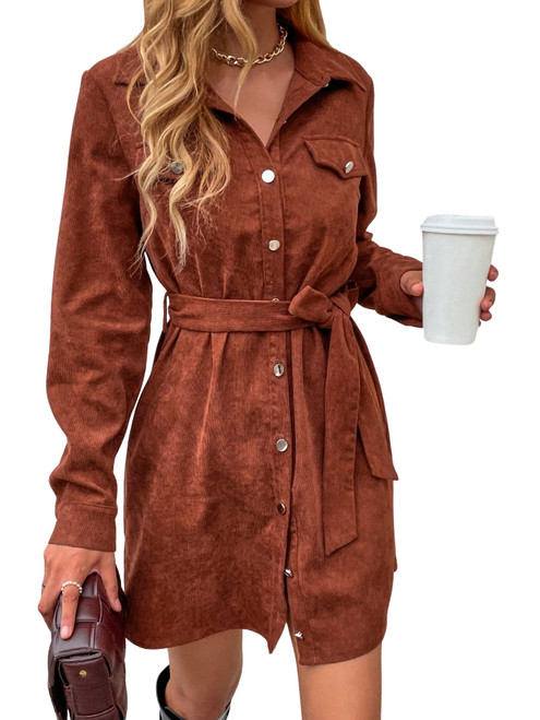 WDIRARA Women's Corduroy Button Up Belted Collar Long Sleeve Shirt Dress Rust Brown S