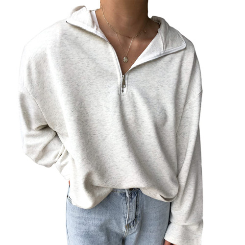 LAVASEON Womens Oversized Half Zip Lapel Sweatshirt Solid Color Casual Long Sleeve Cropped Pullover Top Lightgrey