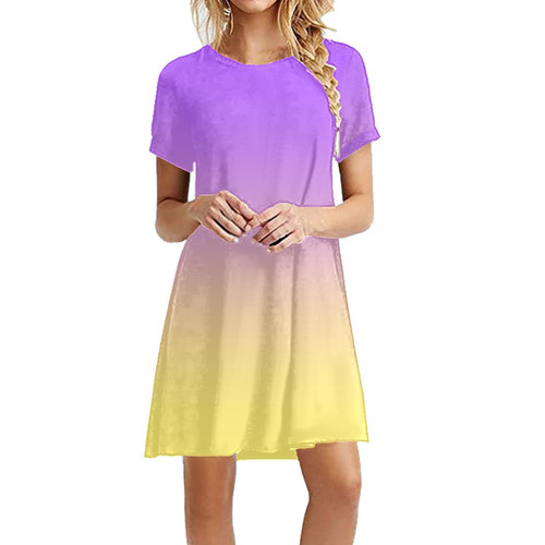 Casual Dresses for Women 2023 Women Summer Casual Short Sleeve Round Neck Skirt Color Gradient Print Dress Yellow